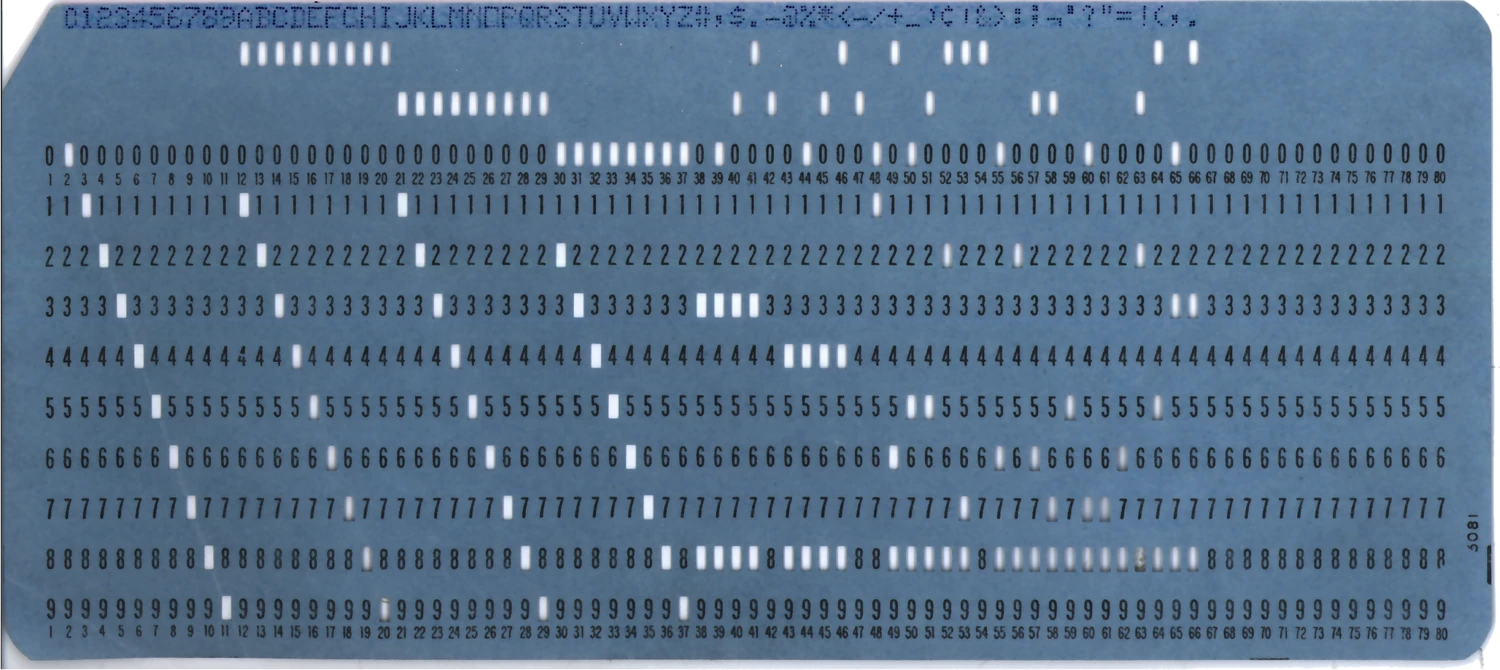 An IBM-style punched card, its holes spelling out a character set